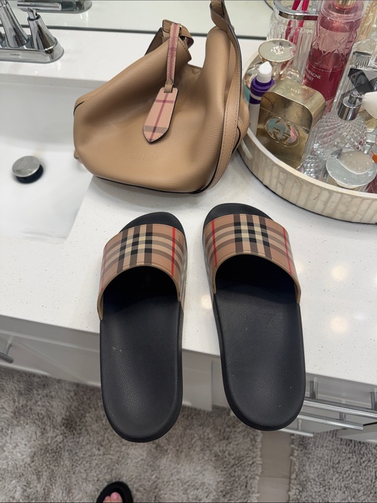 Burberry Shoes - Burberry Beige Check Slide Sandals with Black Footbed